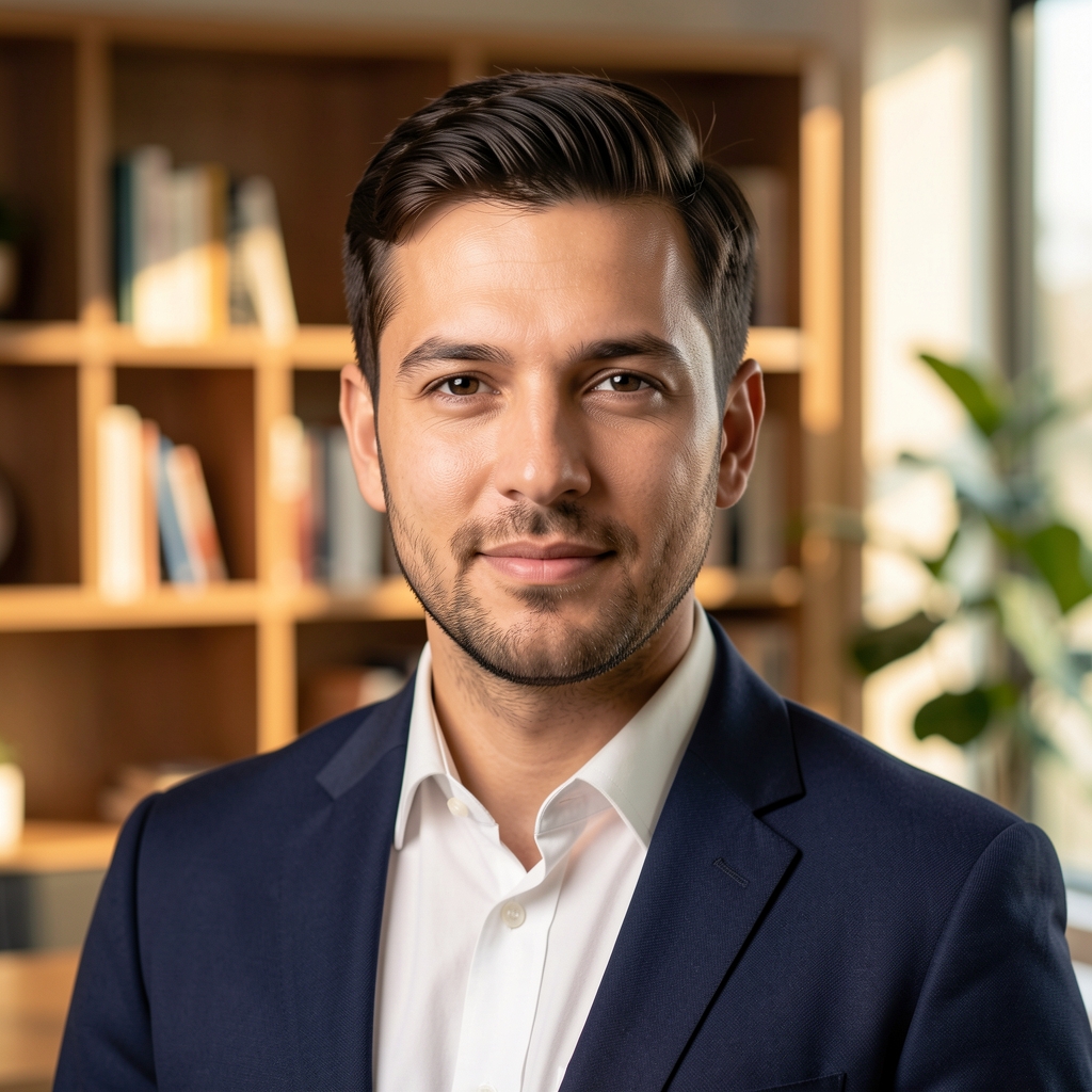 Portrait of a man in a modern workspace with warm ambient lighting, bookshelves in background, relaxed professional composition